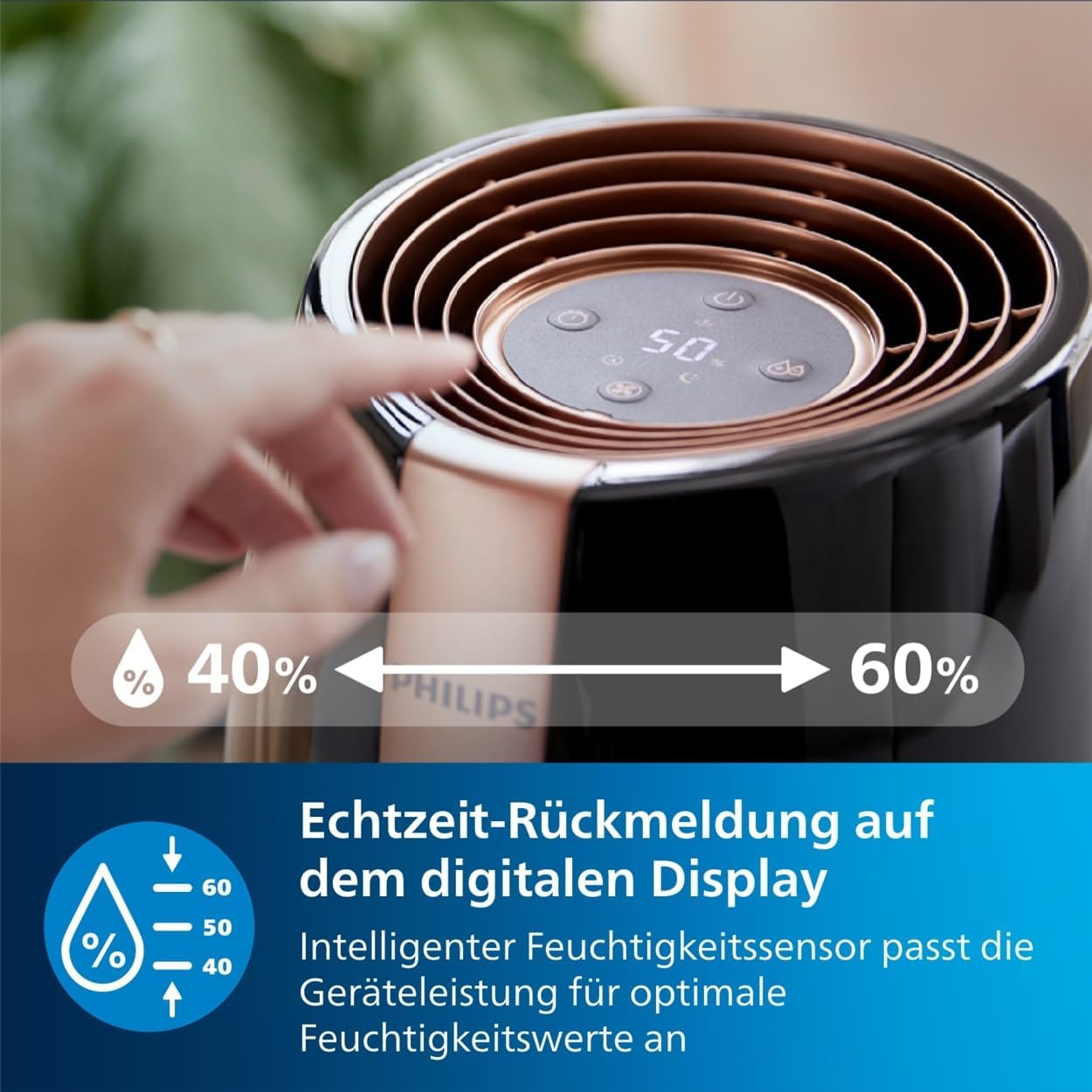 Philips HU2718/10 2000 Series Luftbefeuchter 2L – NanoCloud, 200ml/h, 32m², 3 Stufen, 15h, Schwarz/Kupfer