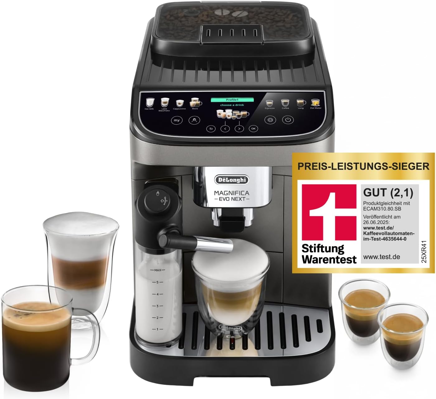 De'Longhi Magnifica Evo ECAM312.80.TB Kaffeevollautomat 1,8L – 13 Getränke, LatteCrema, Touch, Titan Schwarz