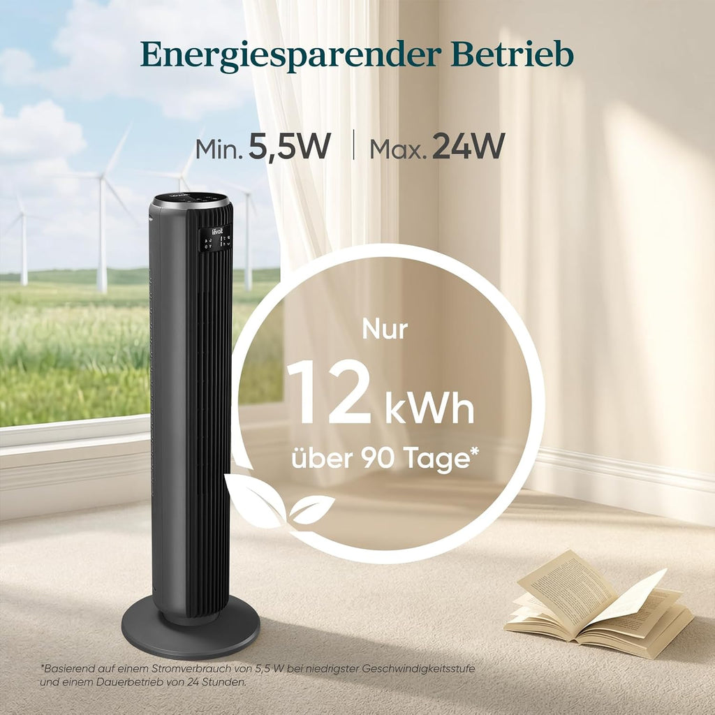 Levoit - DC Motor Turmventilator - 20dB sehr leiser Ventilator - 4 Modi/12 Stufen/12 Std Timer - Fernbedienung & Kühlung - Tower Fan mit 7,9m/s Geschwindigkeit - 24W Standventilator - Grau, 92 cm