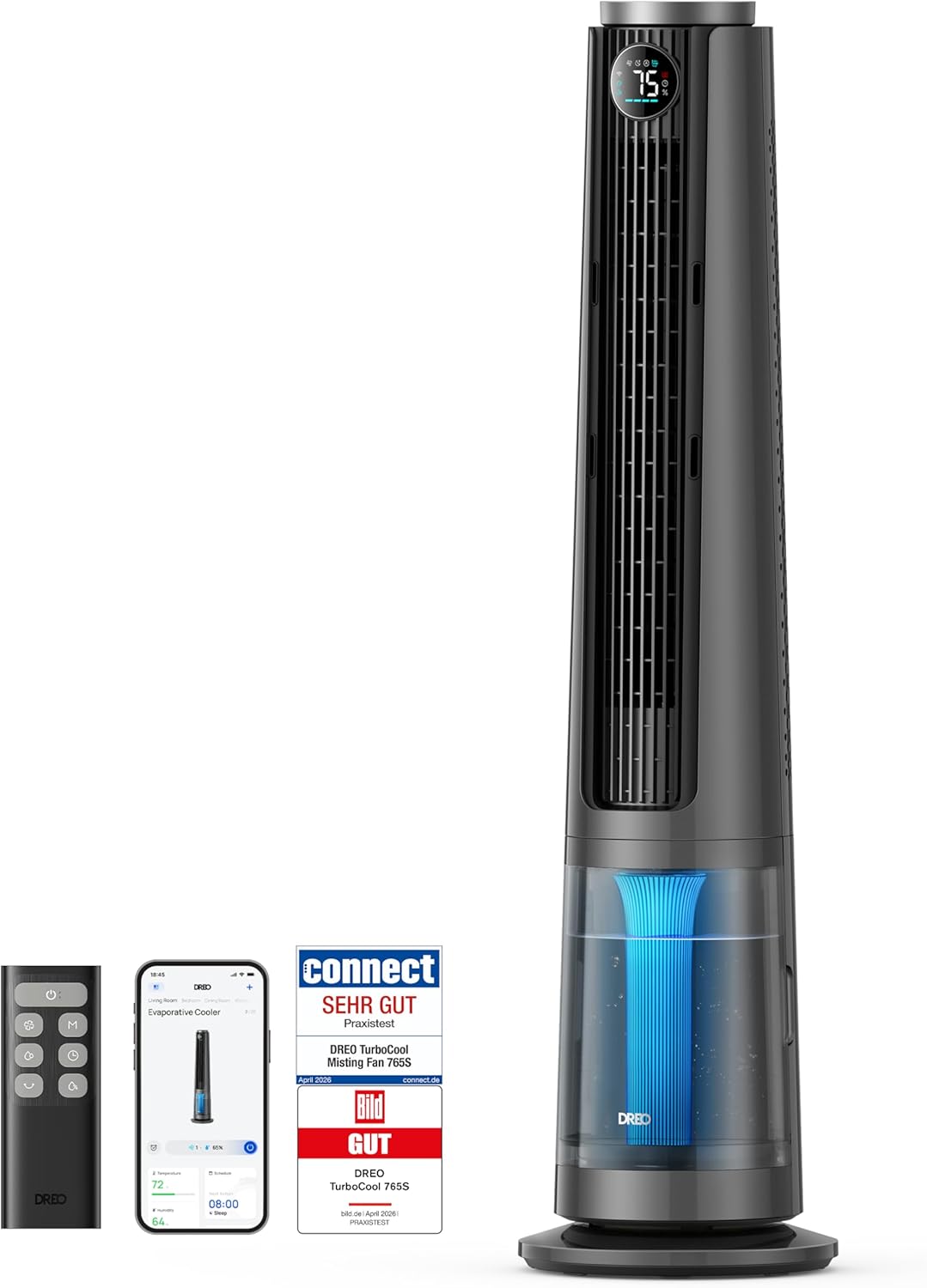 DREO DR-HEC005S Turmventilator mit Vernebler 6L – TurboCool, 3010m³/h, 20dB, RGB, 12 Stufen, WiFi, Grau