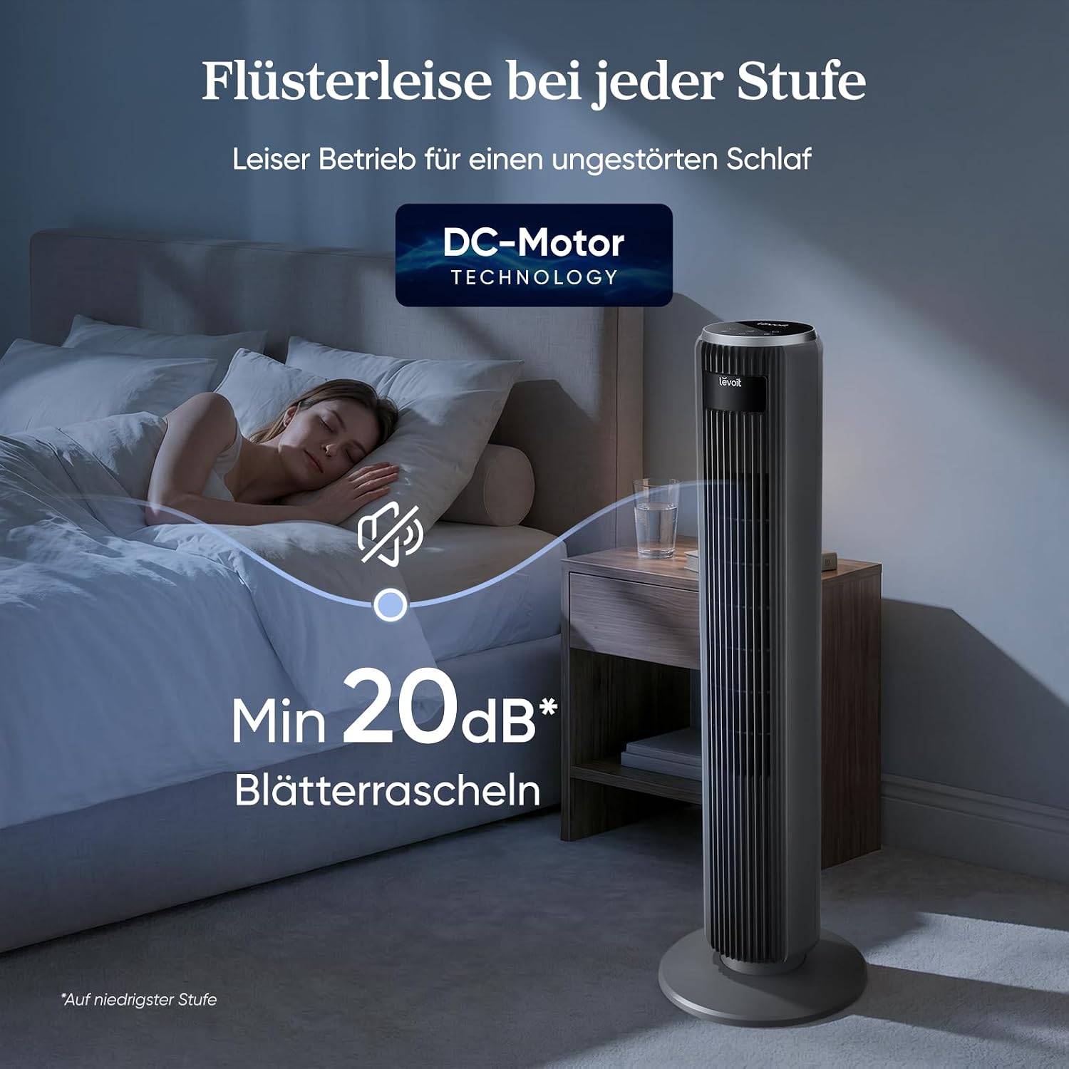 Levoit - DC Motor Turmventilator - 20dB sehr leiser Ventilator - 4 Modi/12 Stufen/12 Std Timer - Fernbedienung & Kühlung - Tower Fan mit 7,9m/s Geschwindigkeit - 24W Standventilator - Grau, 92 cm