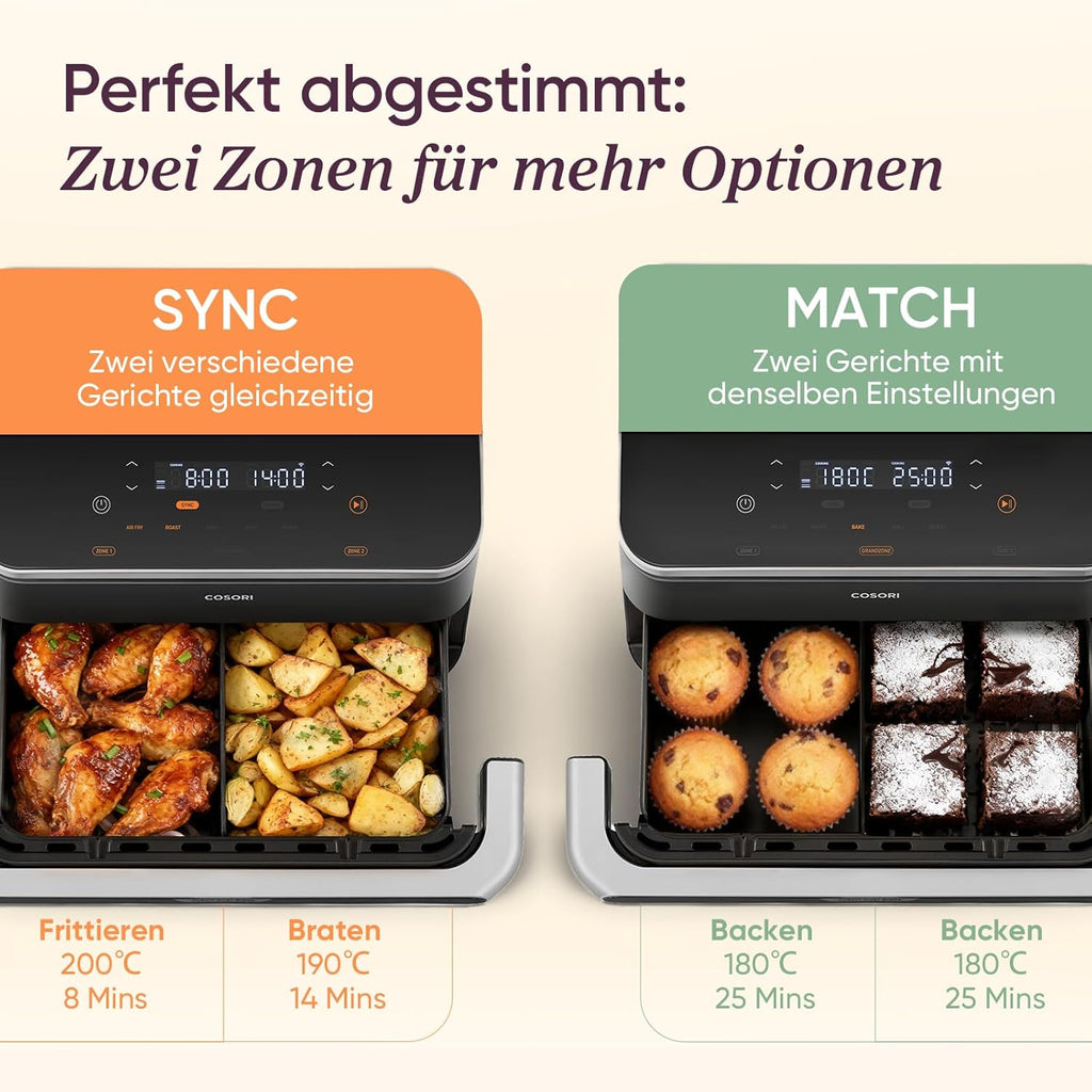 Cosori TF102S DualBlaze Heißluftfritteuse 10L – 3D Heizung, NTC-Sensor, 240°C, WiFi, 2800W, Schwarz