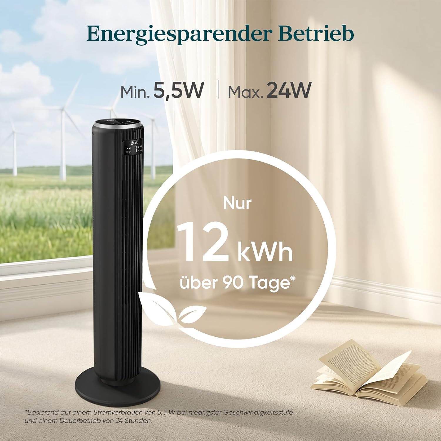Levoit LTF-F362-KEU Classic Turmventilator 92cm – 20dB, 7,9m/s, 12 Stufen, 4 Modi, 90°, 24W, Graphitschwarz