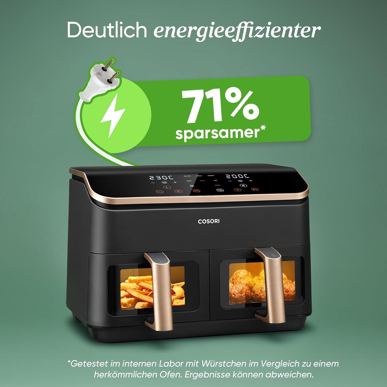 Cosori CAF-R903 Dual Zone Heißluftfritteuse 8,5L – Sichtfenster, Sync & Match, 1750W, Gold
