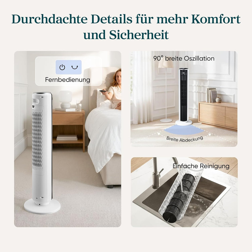 Levoit LTF-F362-WEU Classic Turmventilator 92cm – 20dB, 7,9m/s, 12 Stufen, Speicher, LED, 24W, Leinenweiß