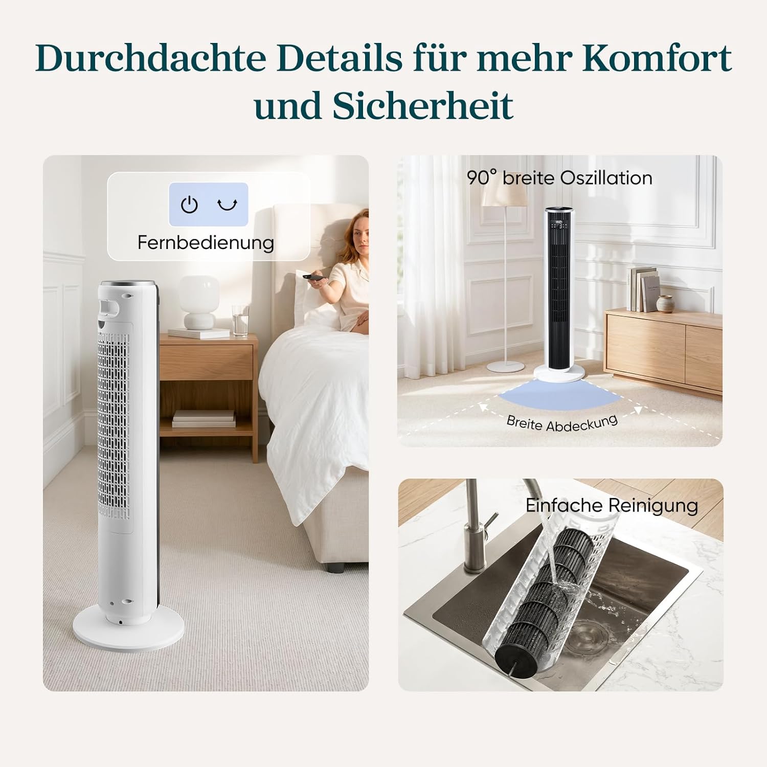 Levoit LTF-F362-WEU Classic Turmventilator 92cm – 20dB, 7,9m/s, 12 Stufen, Speicher, LED, 24W, Leinenweiß