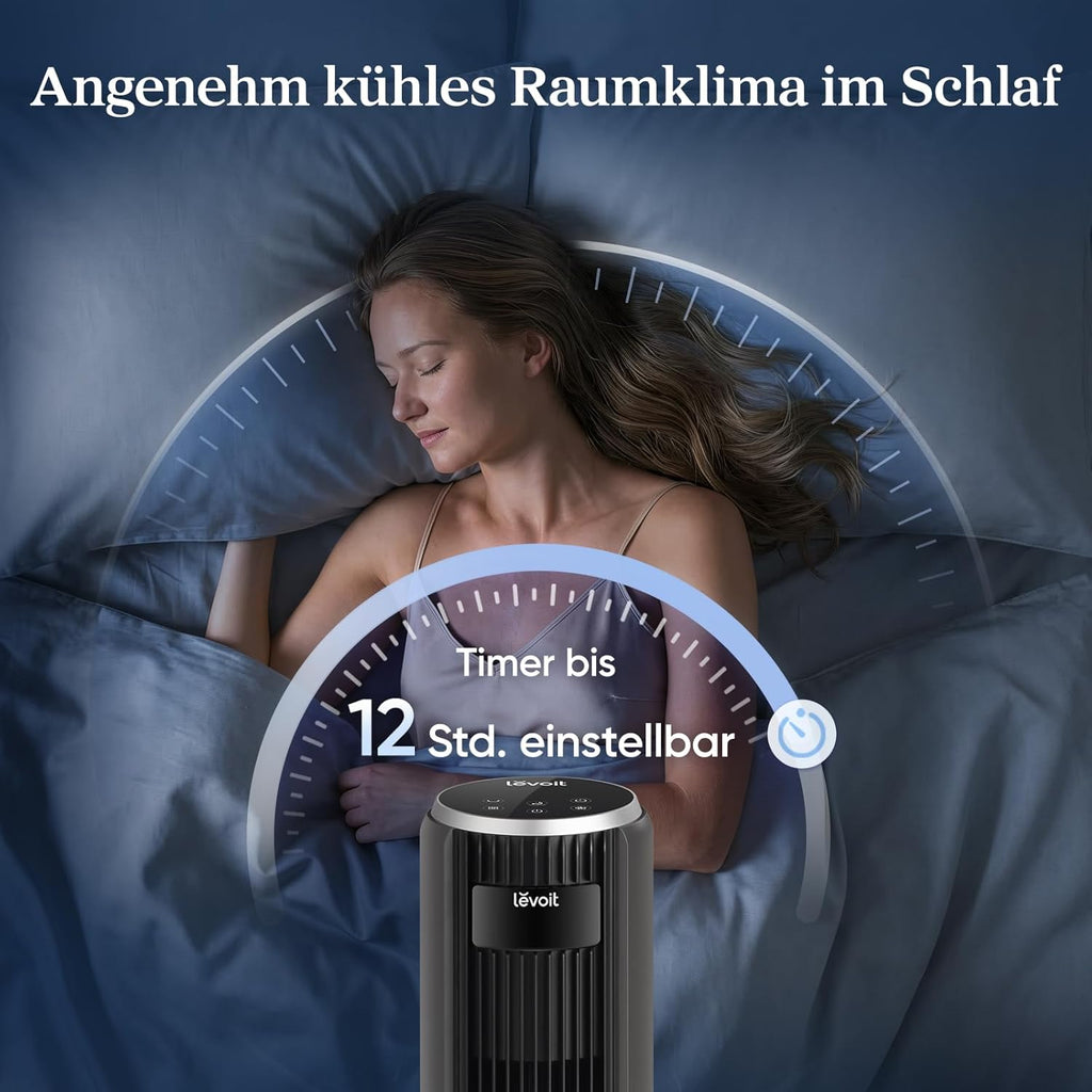 Levoit - DC Motor Turmventilator - 20dB sehr leiser Ventilator - 4 Modi/12 Stufen/12 Std Timer - Fernbedienung & Kühlung - Tower Fan mit 7,9m/s Geschwindigkeit - 24W Standventilator - Grau, 92 cm