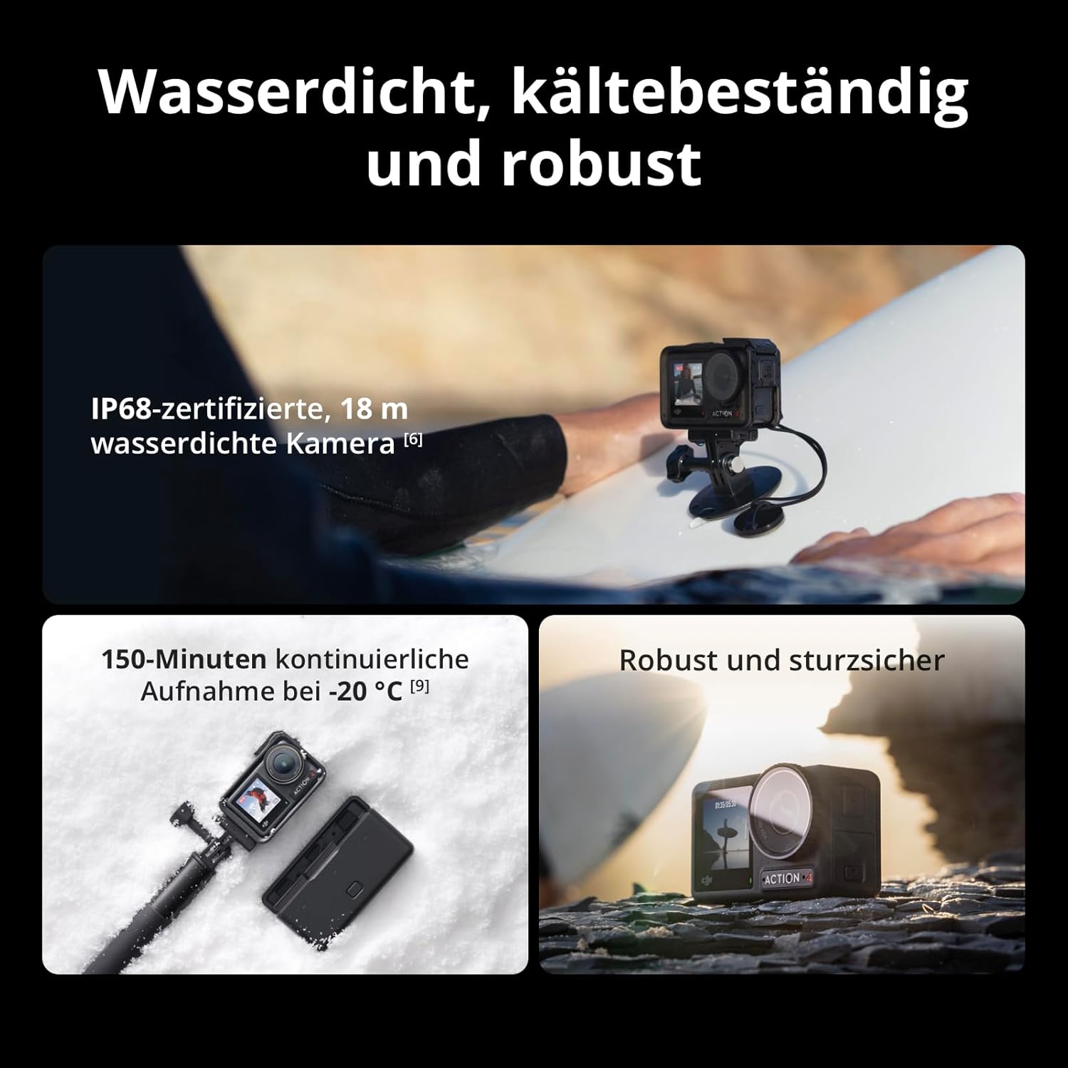 DJI Osmo Action 4 Essential Combo 4K Actionkamera – 1/1.3" Sensor, 155°, 10-Bit, IP68, 150 Min, Schwarz