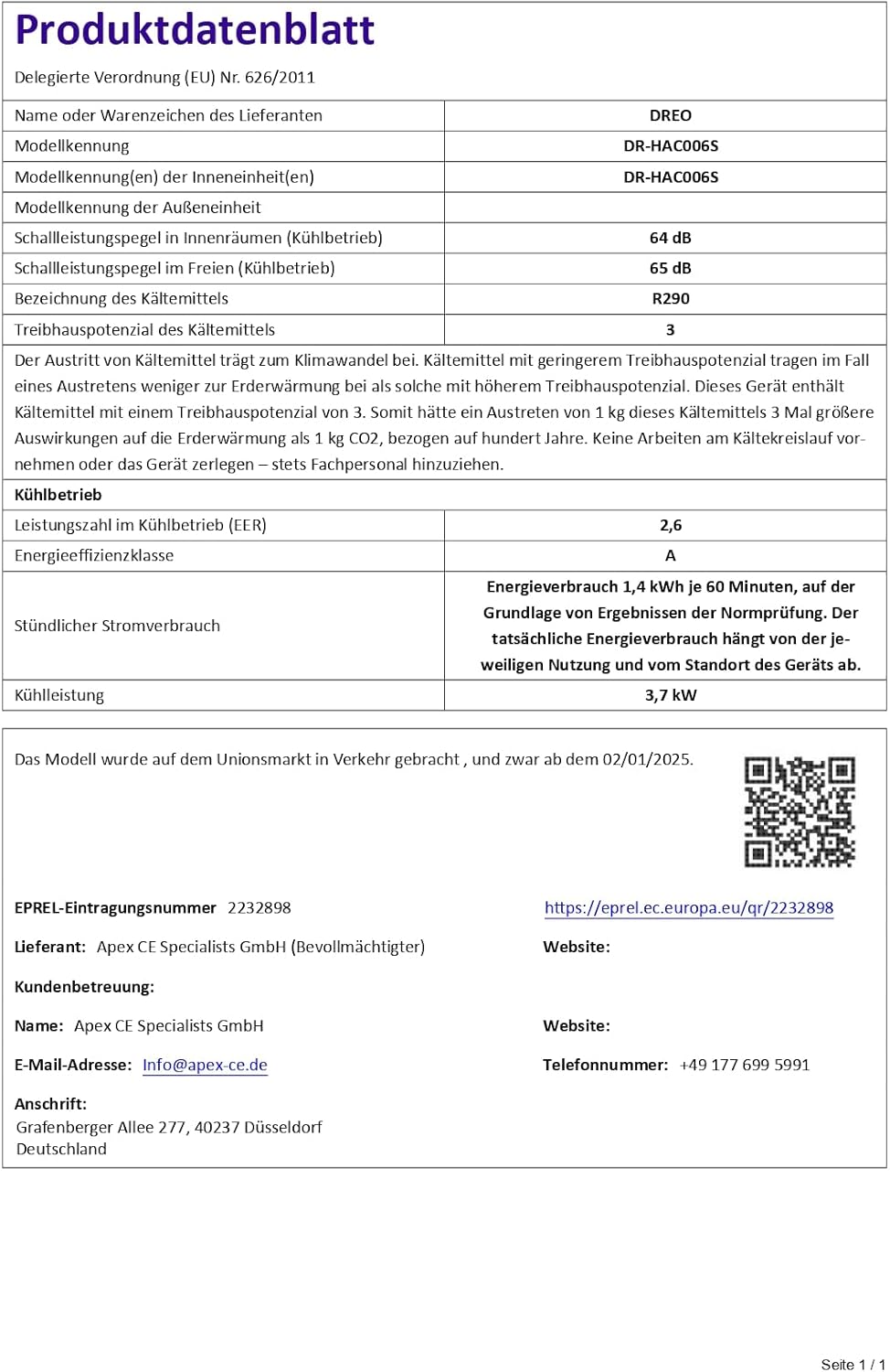 DREO DR-HAC006S Mobiles Klimagerät 12.000 BTU – 3-in-1, R290, EEK A, WiFi, Alexa, 45dB, Weiß