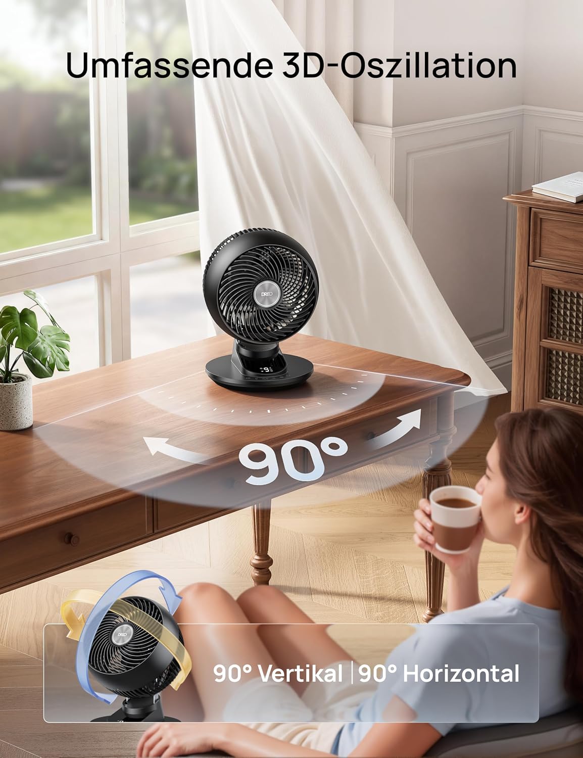 DREO TurboPoly DR-HAF008S Tischventilator – 1.530m³/h, 22dB, 100° Oszillation, 9 Stufen, WiFi, Alexa, Schwarz