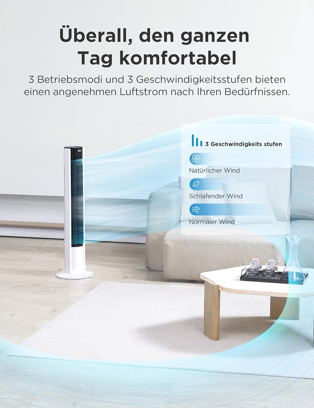 Midea FZ10-19BRA Turmventilator 110cm – 3 Modi, 90° Oszillation, 45dB, 7h Timer, Fernbedienung, Weiß