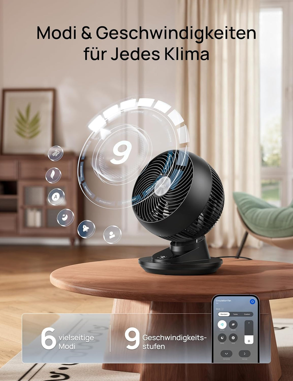 DREO TurboPoly DR-HAF008S Tischventilator – 1.530m³/h, 22dB, 100° Oszillation, 9 Stufen, WiFi, Alexa, Schwarz