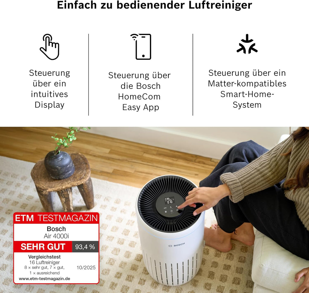 Bosch Air 4000i Luftreiniger 62,5m² – 3-in-1 HEPA+Aktivkohle, CADR 300m³/h, 25dB, App, Smart Home, Weiß