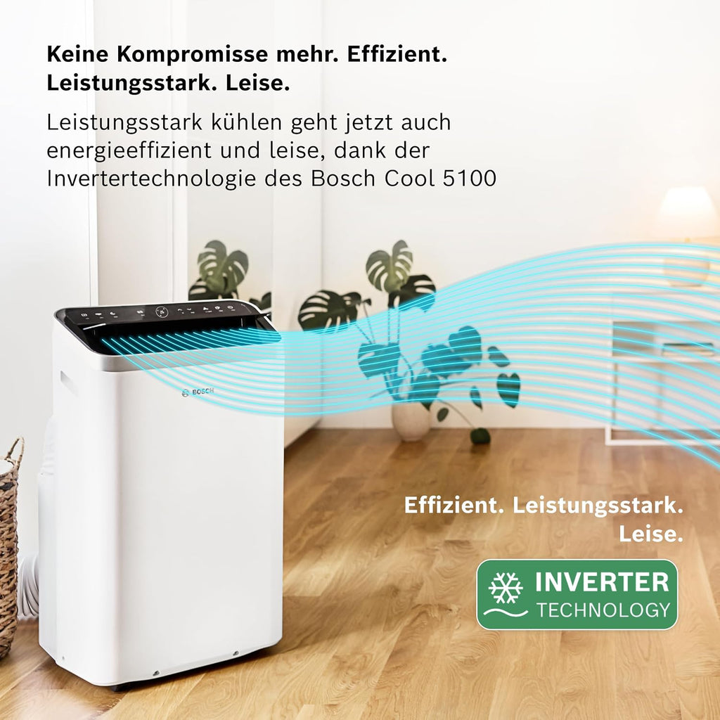 Bosch Cool 5100 Mobiles Klimagerät 3,4kW – Inverter, EEK A+, 3-in-1, Auto/Silent/Sleep, 43dB, Weiß