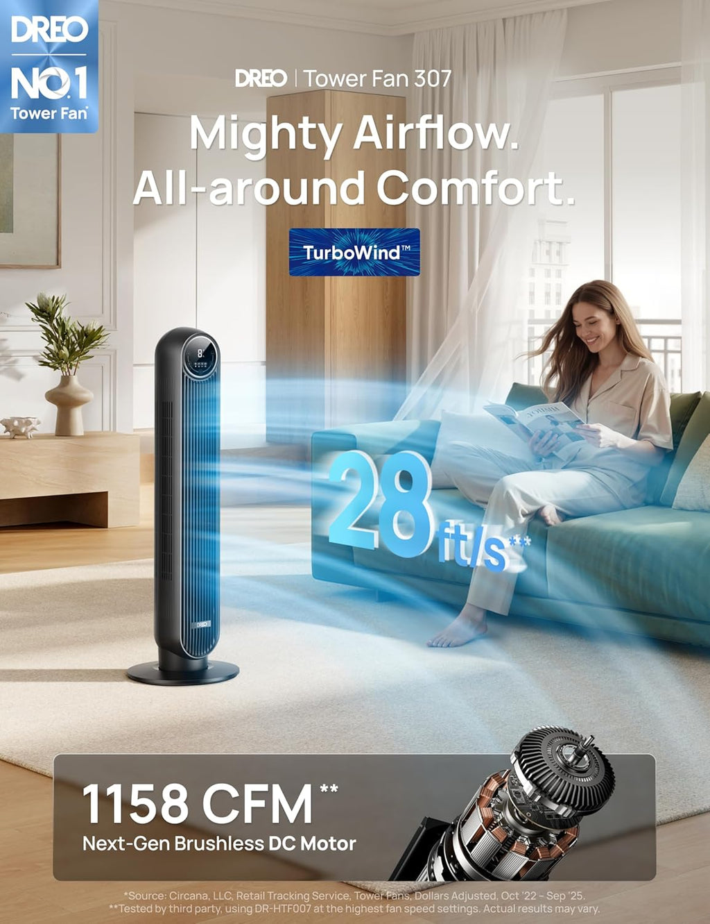 DREO DR-HTF007 Turmventilator 92 cm – 8 Stufen, 4 Modi, 20 dB, TurboWind DC-Motor, Schwarz