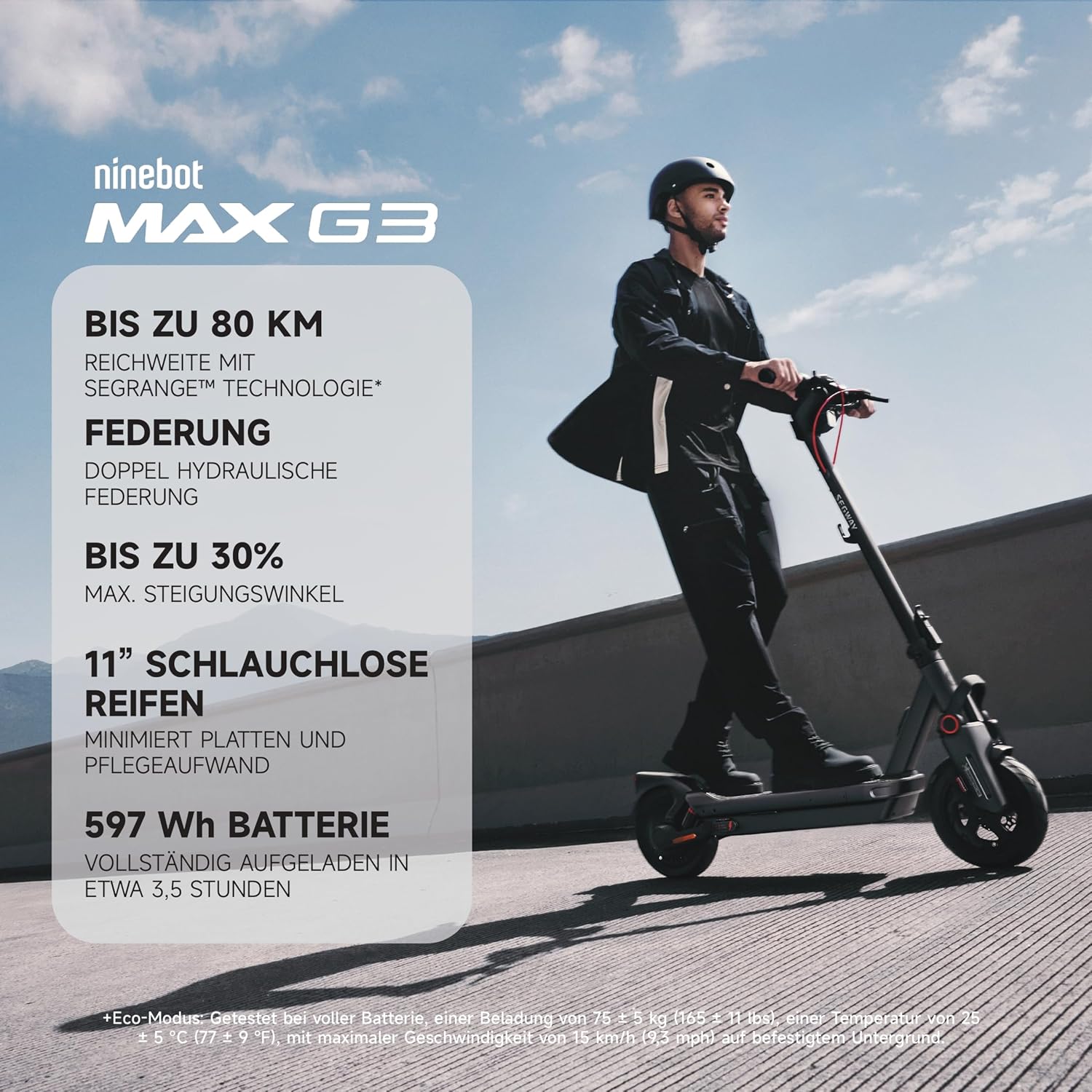 Segway-Ninebot MAX G3 D E-Scooter, bis zu 80 km Reichweite, 11 Zoll selbstabdichtende Luftreifen, Vollfederung, TFT-Display, FlashCharge, Apple Find My, faltbar, Schwarz**