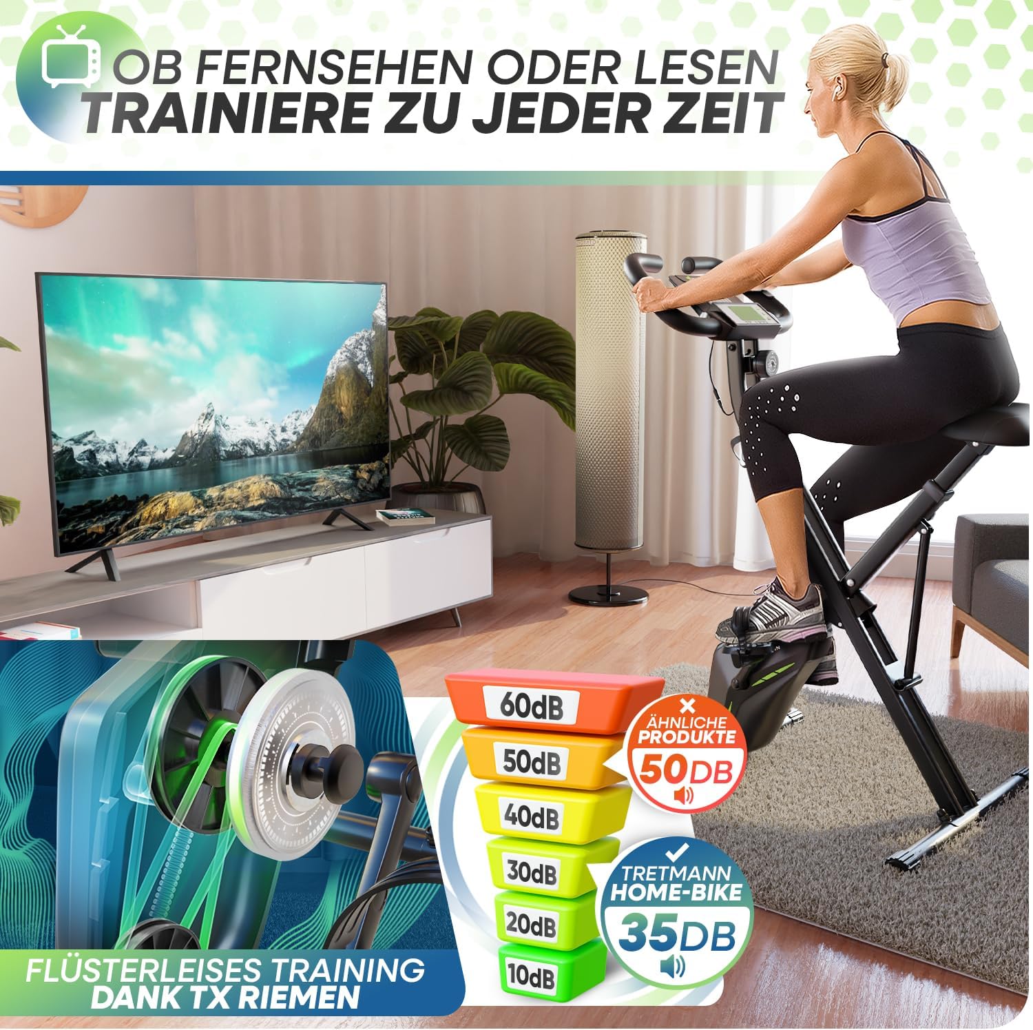 TRETMANN Heimtrainer klappbar 16 Stufen – Magnetbremse, Pulssensor, 150kg, DEKRA, Matt Stahl