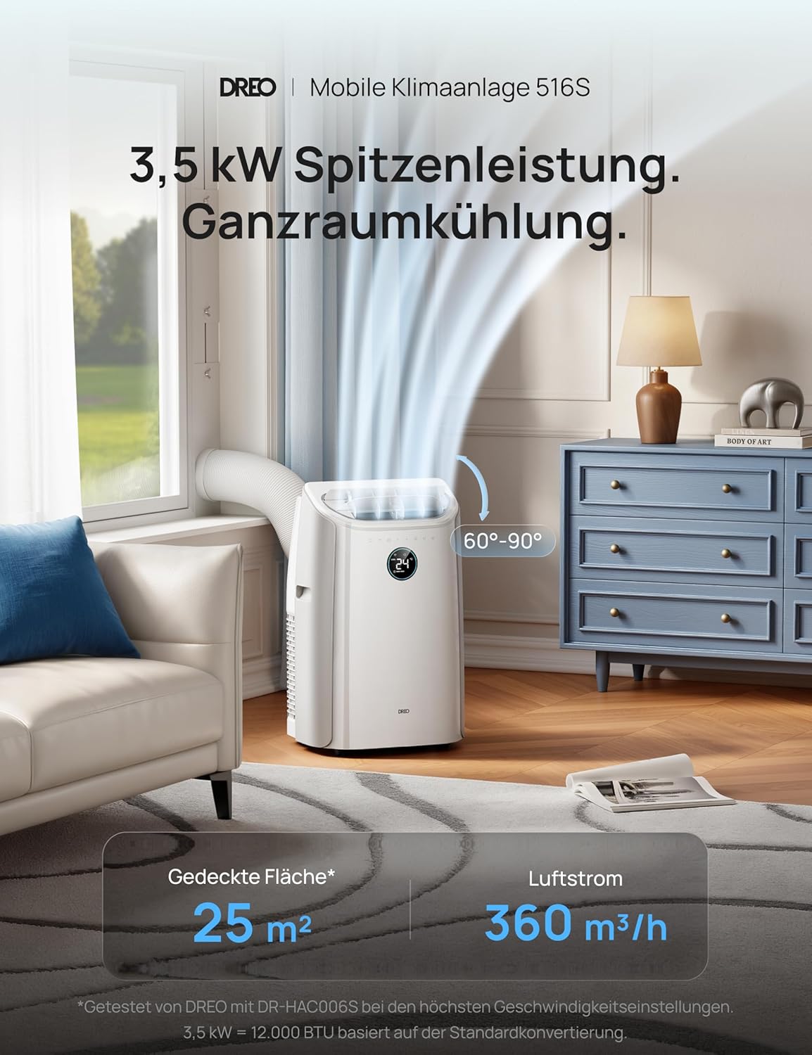DREO DR-HAC006S Mobiles Klimagerät 12.000 BTU – 3-in-1, R290, EEK A, WiFi, Alexa, 45dB, Weiß